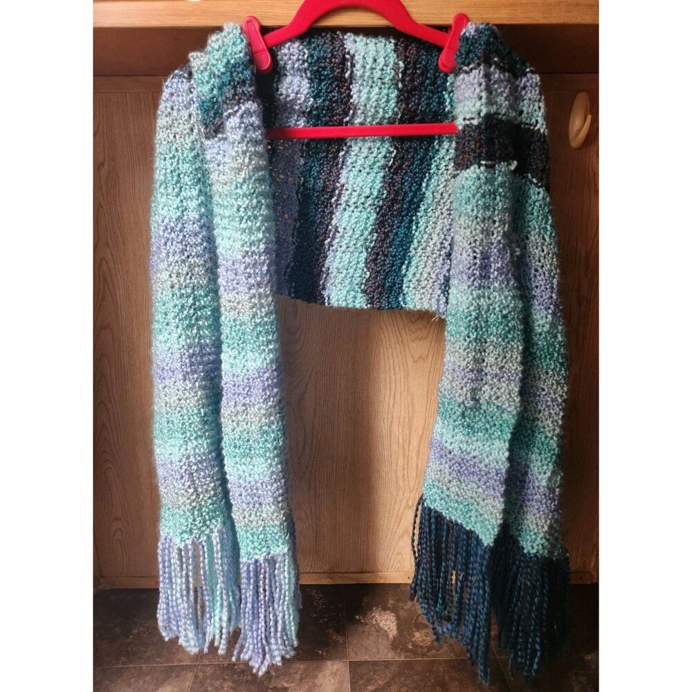 Soft Wide Handmade Scarf Crochet ~18x64 In. Multicolor Blue Stripes W/ Fringe - Picture 3 of 16
